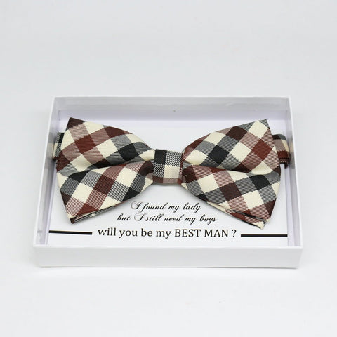 Gingham brown Ivory bow tie, Best man request gift, Groomsman bow tie, Man of honor gift, Best man bow, best man gift, man of honor request
