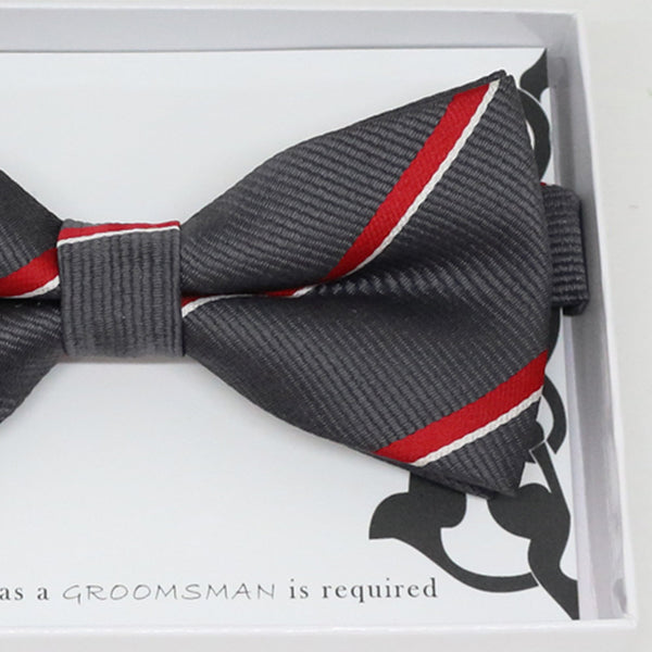 Charcoal Bow tie, Ready tied, Red white stripes bow tie ,Handmade Bow tie, Will you be my best man,Man of honor,Men bow tie, Grooms man