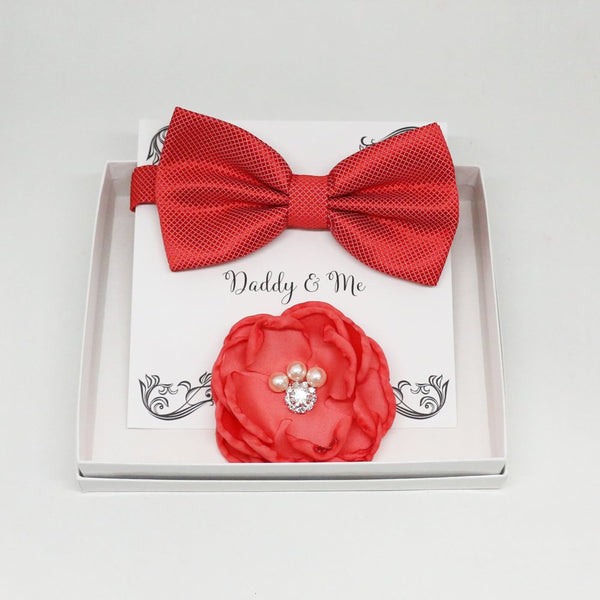 Coral Headpiece bow tie, Mommy and me gift set, daddy and me Gift set, Flower and bow tie set, Coral wedding, best man flower girl gift set