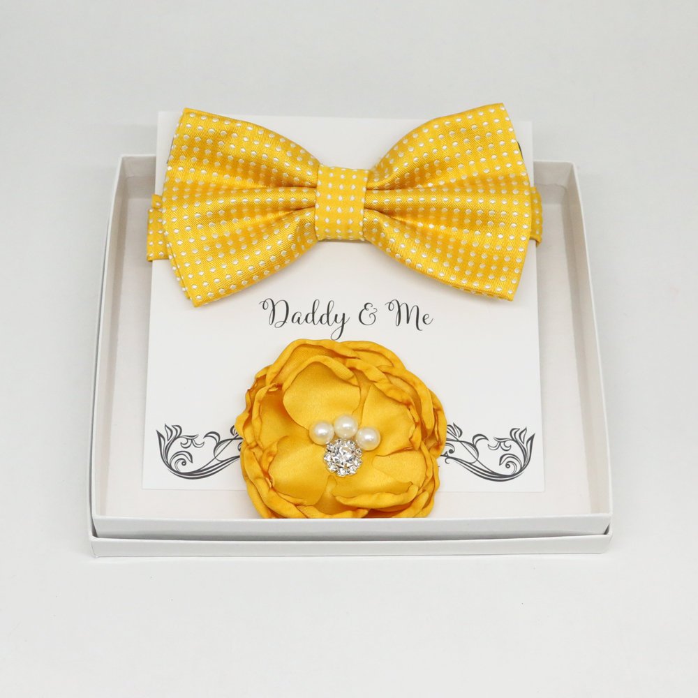 Daddy me gift set, mommy me gift set, Yellow pearl beaded Headpiece, Yellow bow tie, Flower headpiece, flower girl,Toddler Twin gift