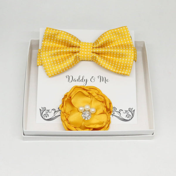 Daddy me gift set, mommy me gift set, Yellow pearl beaded Headpiece, Yellow bow tie, Flower headpiece, flower girl,Toddler Twin gift