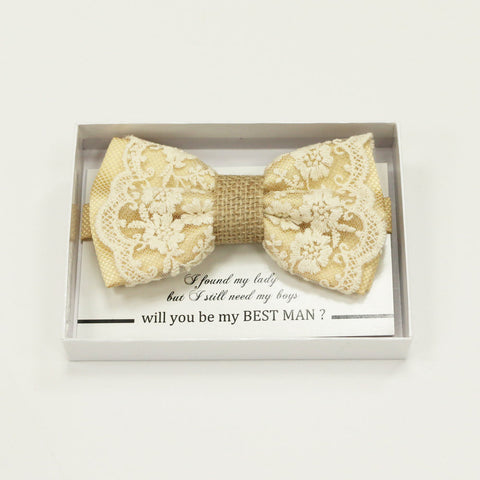 Ivory Lace Burlap bow tie, Best man request gift, Groomsman bow tie, Man of honor gift, Best man bowtie, best man gift, man of honor request