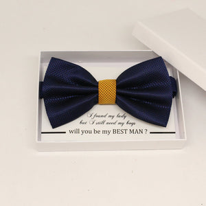 Navy Gold bow tie, Best man request gift, Groomsman bow, Ring Bearer bow tie, Man of honor, baby announcement, toddler bow, Some thing blue