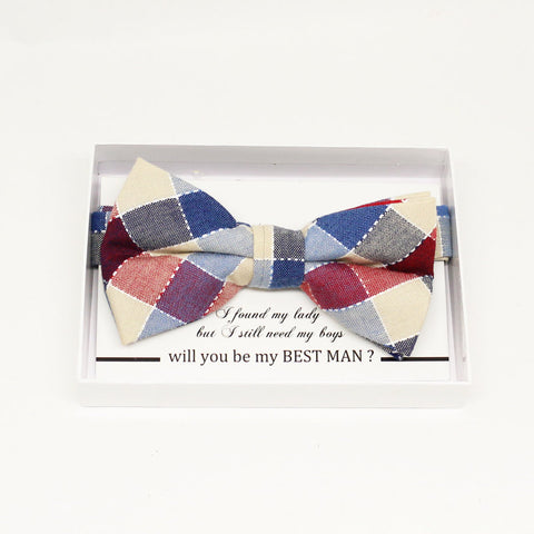 Plaid Red blue bow tie, Best man request gift, Groomsman bow tie, Man of honor gift, Best man bow, best man gift, man of honor request bow