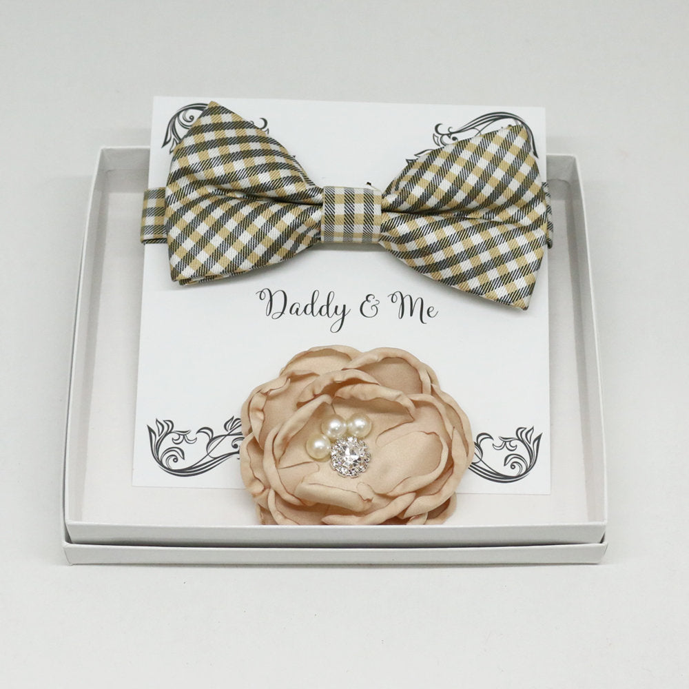 Champagne Headpiece bow tie,Daddy and me gift set, Mommy and me gift set, Flower and bow tie, Chamagne wedding, flower gift, best man gift