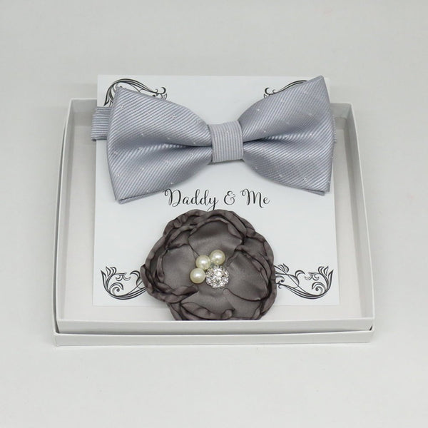 Charcoal French rose Headpiece, Silver bow tie, Me & daddy, Daddy's Daughter, Hairpin, Flower headpiece,Flower and bow tie set, Gray set