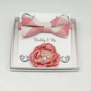 Dusty pink French rose Headpiece, Plaid Pink bow tie, Me & daddy, Daddy's Daughter,Mommy and me, Flower headpiece, bow tie