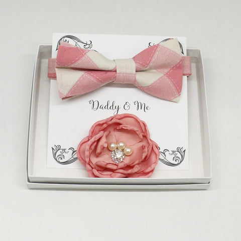 Dusty pink French rose Headpiece, Plaid Pink bow tie, Me & daddy, Daddy's Daughter,Mommy and me, Flower headpiece, bow tie