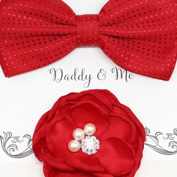 Red bow tie Flower, Daddy's Daughter, Red Flower headpiece,Mommy and me, Daddy Mommy gift set, Daddy and me gift set