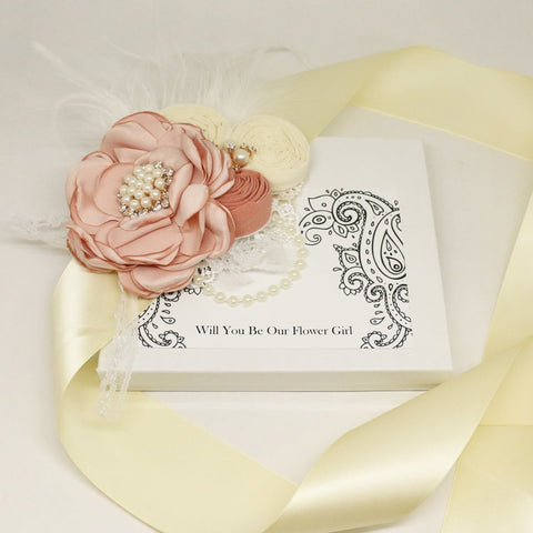 Dusty Pink Ivory rose Flower Sash, Flower girl sash belt, Satin sash, Maternity Flower Sash,Flower belt, Wedding Sash belt, Bridemade Sash
