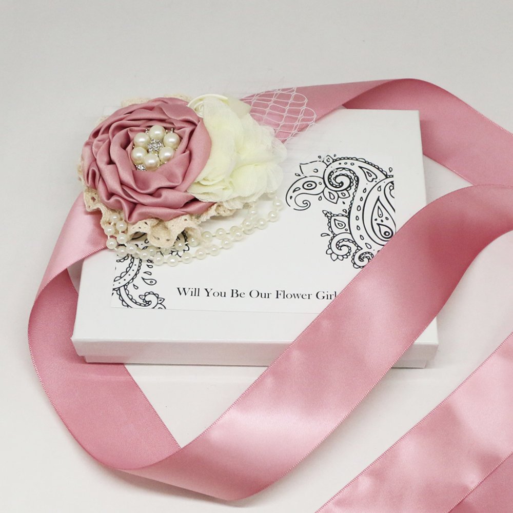 Dusty Pink rose with Pearl Sash, Flower girl sash belt, Satin sash, Maternity Flower Sash,Flower belt, Wedding Sash belt, Bridemade Sash