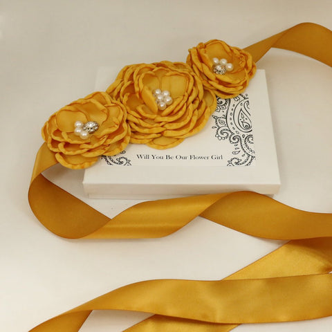 Gold Rose Flower Sash, Flower girl sash belt, Satin sash, Flower belt,Maternity sash, Wedding Sash belt, Bridesmade Sash, Golden Party