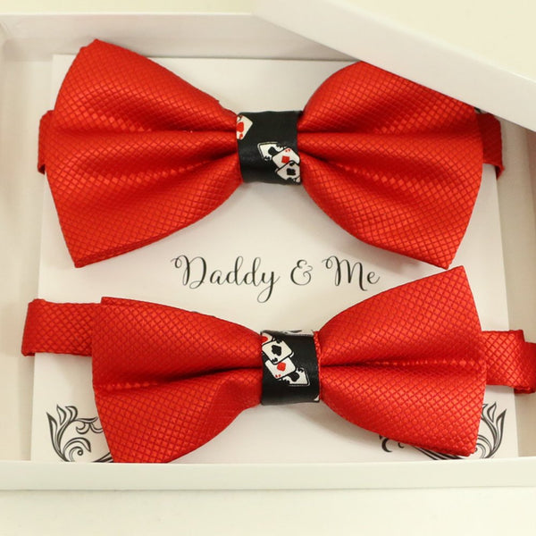Red Bow tie set for daddy and son, Daddy and me gift set, Grandpa and me, Father son matching, Toddler bow, daddy me bow tie, Playing card