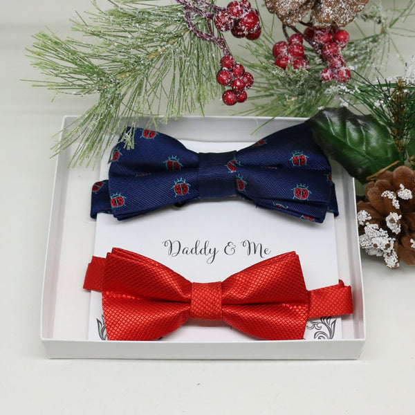 Navy Red Bow tie set for daddy and son, Daddy me gift set, Ladybug, lucky bow, Father son matching, Toddler bow tie, daddy me bow tie gift