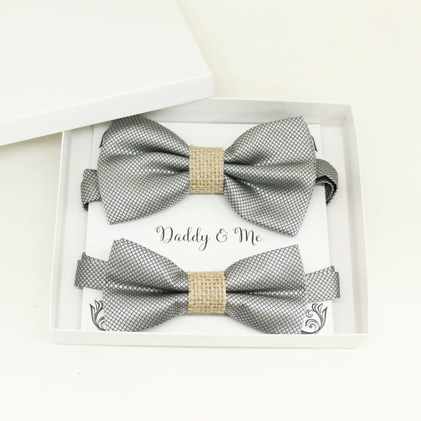 Silver burlap Bow tie set for daddy and son, Daddy me gift set, Grandpa and me, Father son matching, Toddler bow tie, daddy me bow tie gift