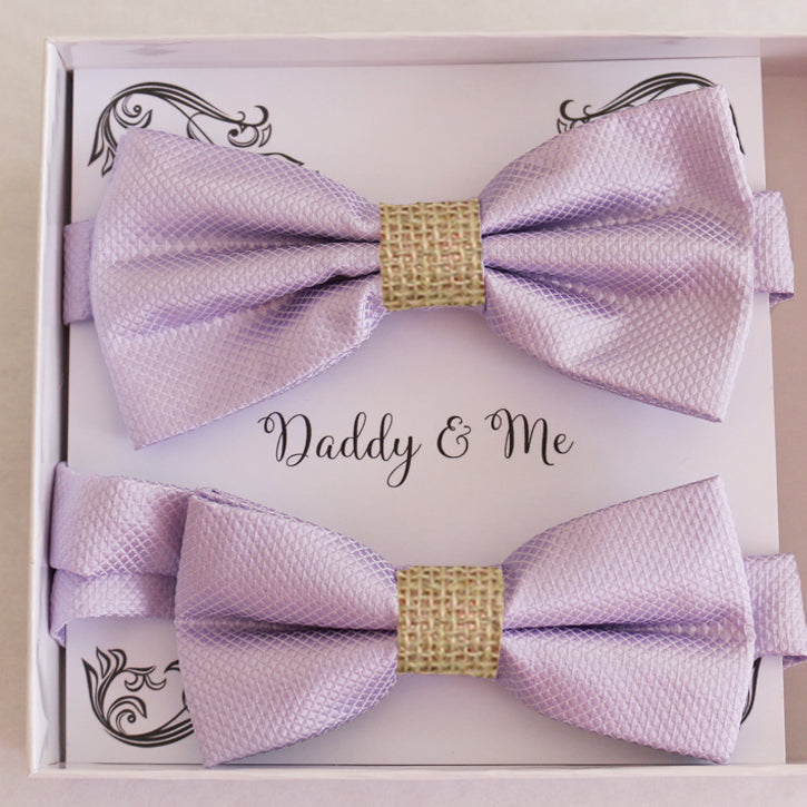 Lilac burlap Bow tie set for daddy and son Daddy me gift set Father son match Handmade Lilac kids bow Adjustable pre tied bow