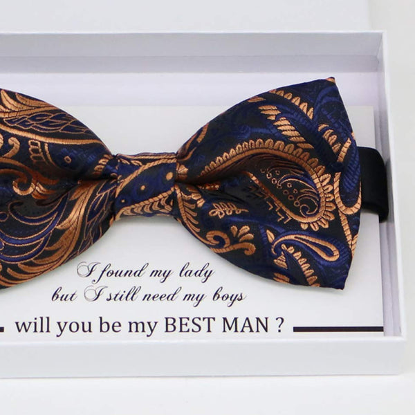 Navy rose Gold bow tie, Best man request gift, Groomsman bow tie, Man of honor gift, Best man bow tie, man of honor, Paisley Rose gold bow