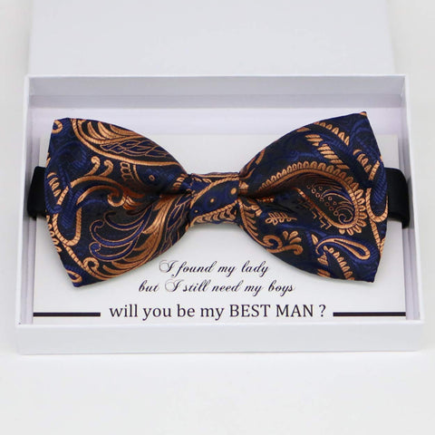 Paisley Navy Gold bow tie, Best man request gift, Groomsman bow tie, Man of honor gift, Best man bow, best man gift, man of honor request,Rose gold