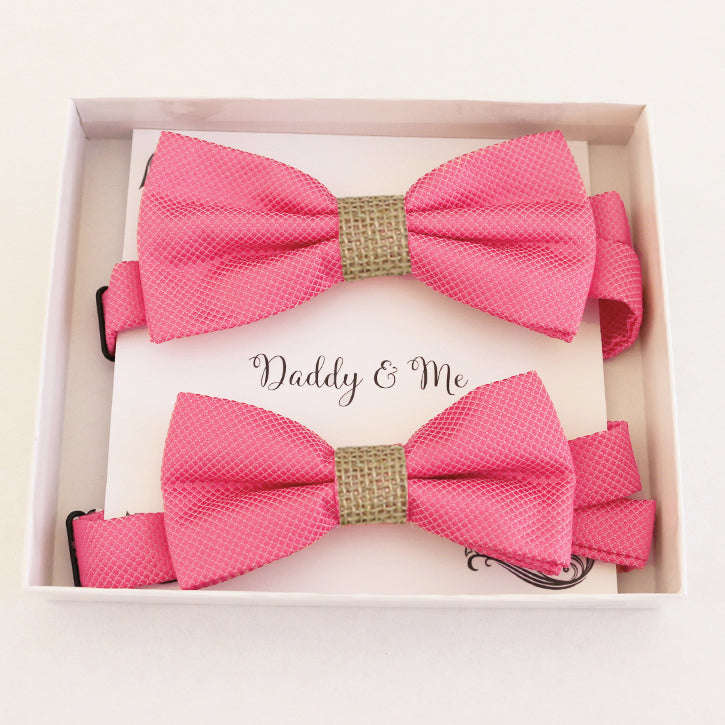Pink burlap Bow tie set for daddy and son Daddy me gift set Father son match Handmade Pink kids bow Adjustable pre tied bow