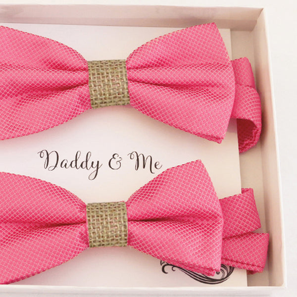 Pink burlap Bow tie set for daddy and son Daddy me gift set Father son match Handmade Pink kids bow Adjustable pre tied bow