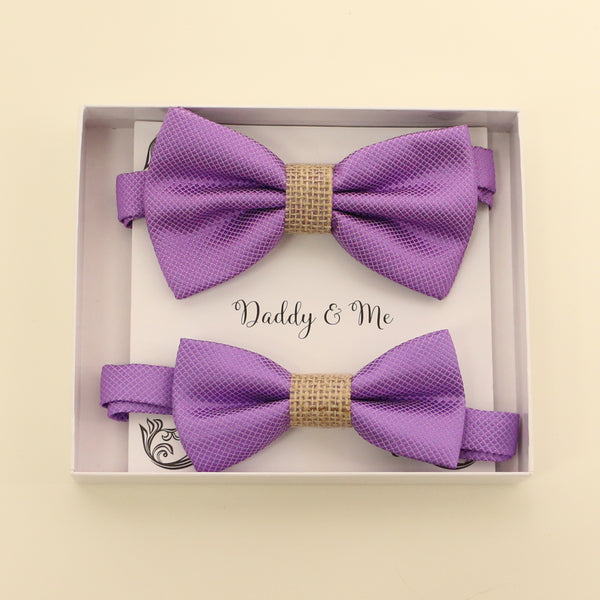 Lavender burlap Bow tie set for daddy and son, Daddy me gift set, Grandpa and me, Father son match, lavender bow for kids bow tie, handmade