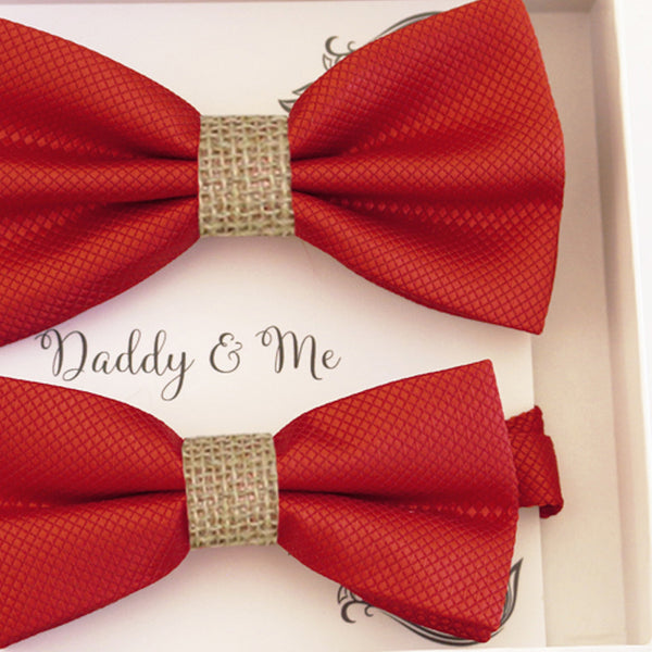 Red burlap Bow tie set for daddy and son, Daddy me gift set, Grandpa and me, Father son match, Red bow for kids bow tie, handmade bow tie
