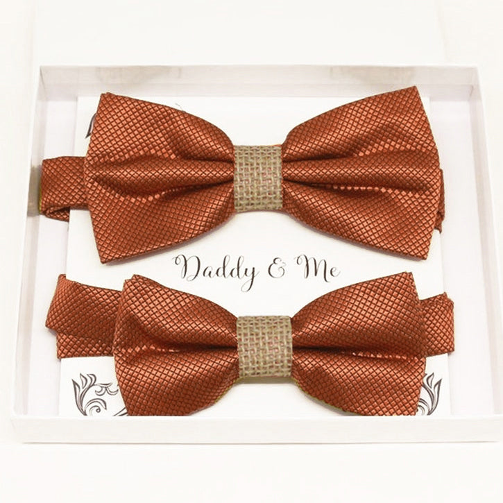 Rust copper burlap Bow tie set for daddy and son Daddy me gift set Father son match Handmade kids bow Adjustable pre tied bow