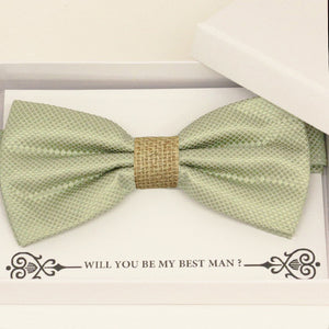 Sage green burlap bow tie Best man Groomsman Man of honor Ring Bearer bow tie request gift, Birthday congrats cards, Adjustable Pre tied 