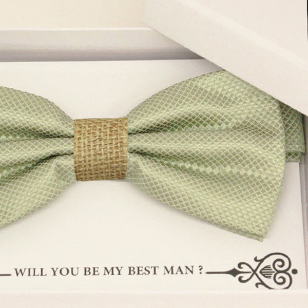 Sage green burlap bow tie Best man Groomsman Man of honor Ring Bearer bow tie request gift, Birthday congrats cards, Adjustable Pre tied 