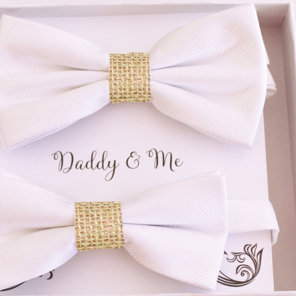 White burlap Bow tie set for daddy and son Daddy me gift set Father son match Handmade White burlap kids bow Adjustable pre tied bow